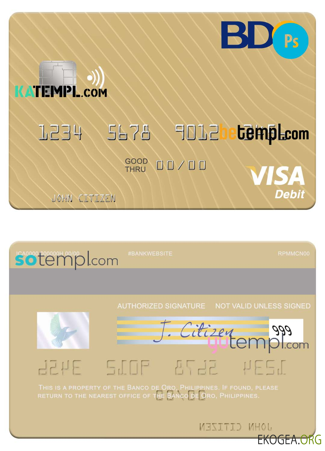 Carte de débit visa Philippines Banco de Oro, modèle entièrement modifiable au format PSD